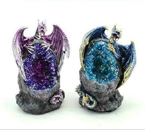 Pair of Dragons Guarding Geode LED Light Sculpture Statue Figurine Ornament-OsirisTradingUK