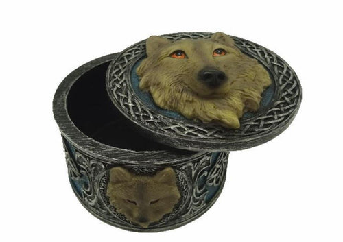 Celtic Style Grey Wolf Round Trinket Box Hand Crafted Wolves Collection Gift-OsirisTradingUK