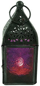 Antique Effect Moroccan Style Zinc Lantern Candle Tealight Holder Purple Glass-OsirisTradingUK