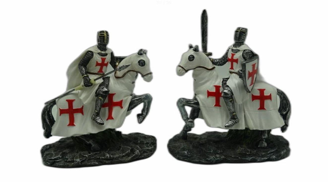 Pair of Templar Knights on Horses Figurines Crusader Statues Ornaments