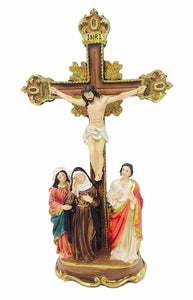 Jesus Christus am Kreuz, Maria, Johannes und Maria Magdalena, religiöse Ornamentstatue