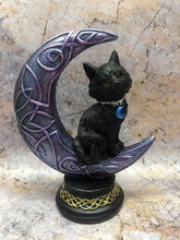 Load image into Gallery viewer, Witches Familiar Statue Pentagram Black Cat on Celtic Moon Witchcraft Wicca-OsirisTradingUK
