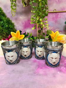 Set of 4 White Wolves Shot Glasses Ornaments Wolf Gothic Table Decor