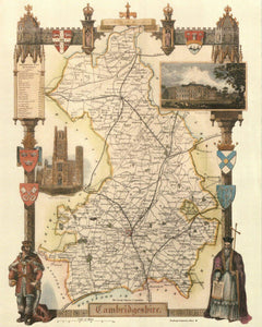 Cambridgeshire Antique Map  Reproduction Card Backed 16X20" Wall Decor