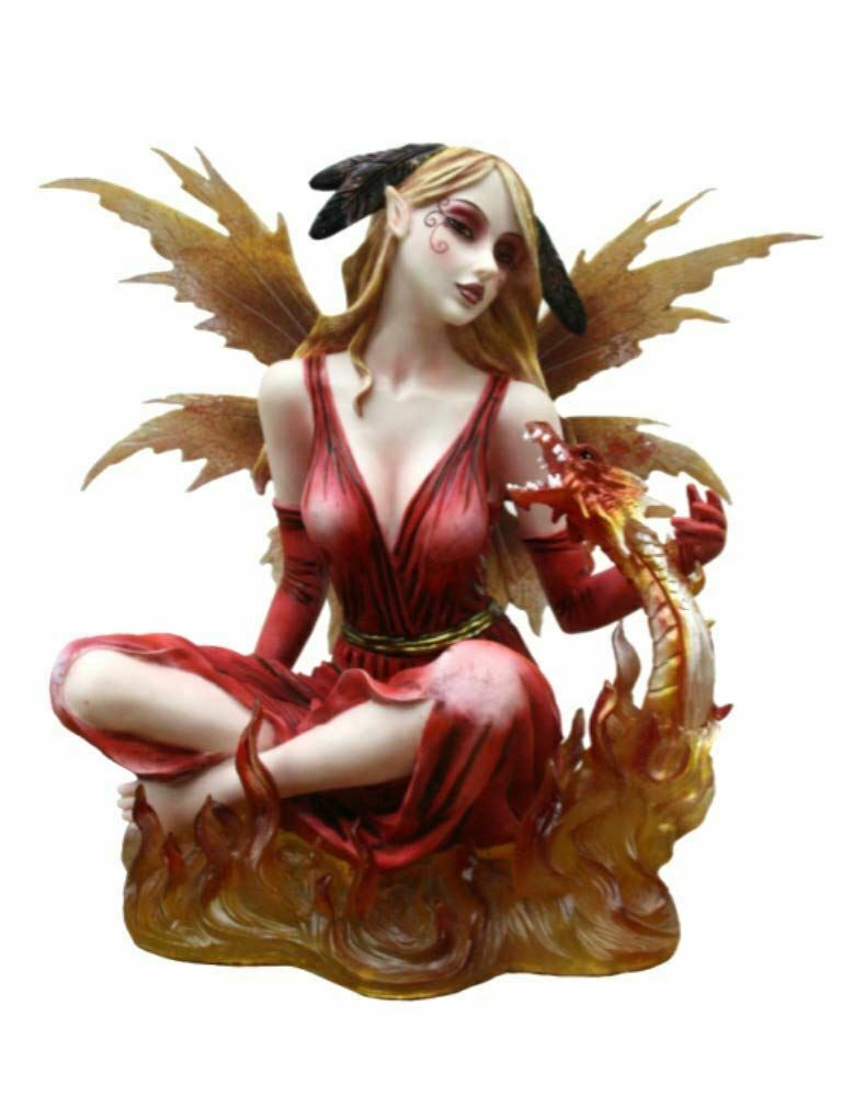 Large Elemental Fire Fairy with Dragon Companion Statue Ornament Sculpture Gift