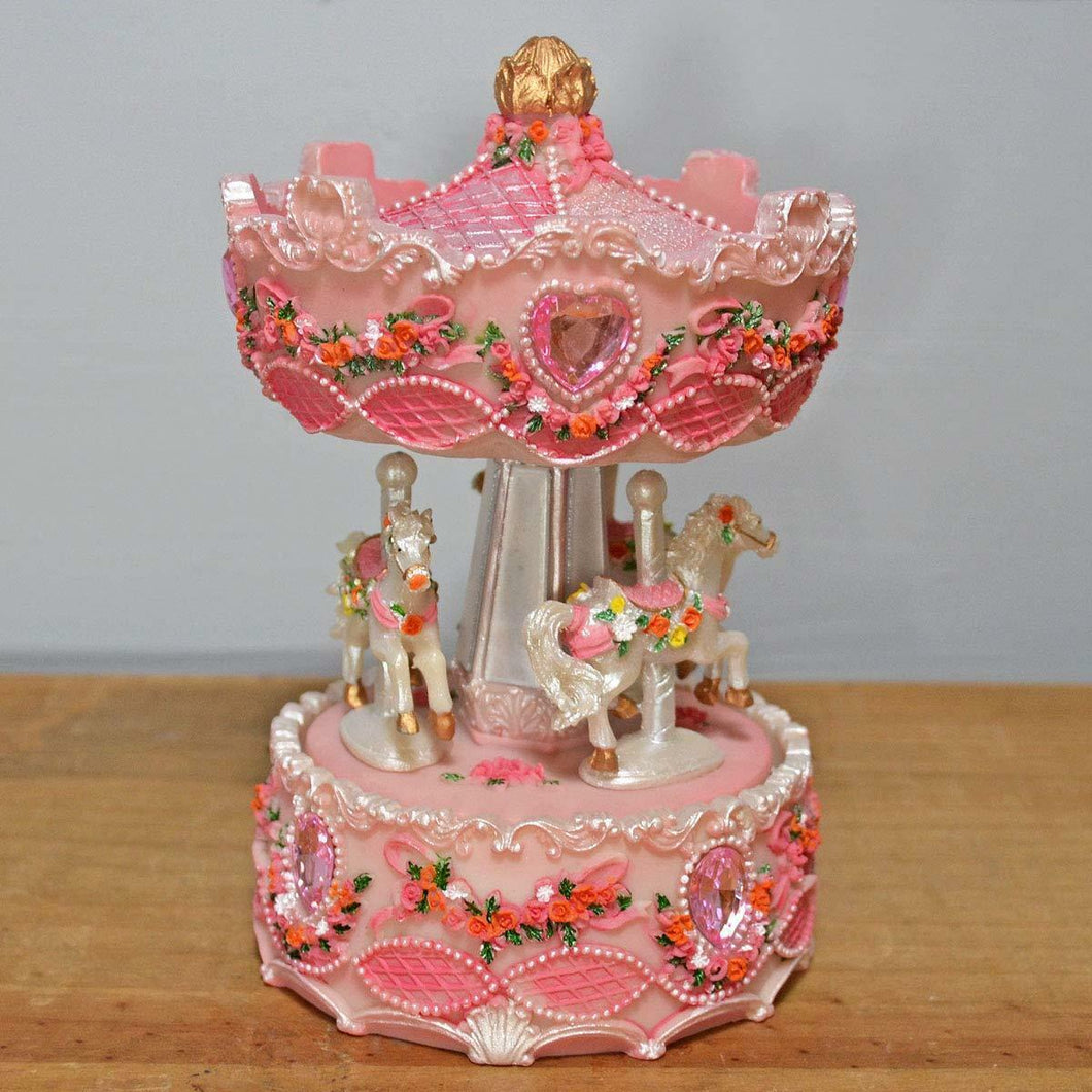Baby Girl Pink Musical Carousel With Horses And Hearts Music Box Nursery Room