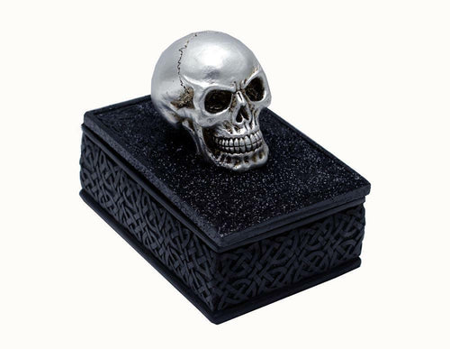 Silver Skull Trinket Box Sculpture Skeleton Gothic Horror Secret Stash Figurine-OsirisTradingUK
