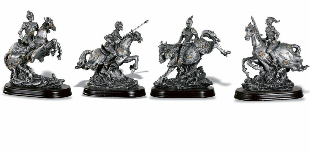 Set of 4 Pewter Effect Medieval Knights on Horses Figurines