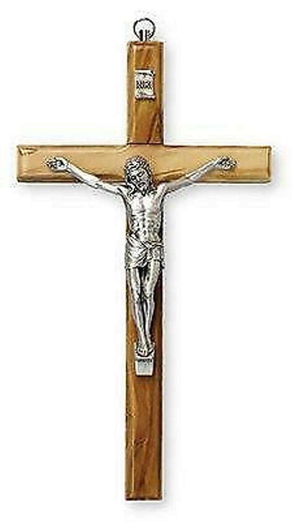 Wall Cross Olive Wood Crucifix Silver Metal Corpus Religious Gift