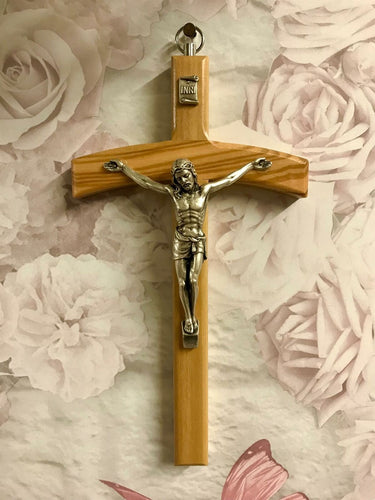 Olive Wood Crucifix Hanging Wall Cross Silver Metal Religious 15 cm-OsirisTradingUK