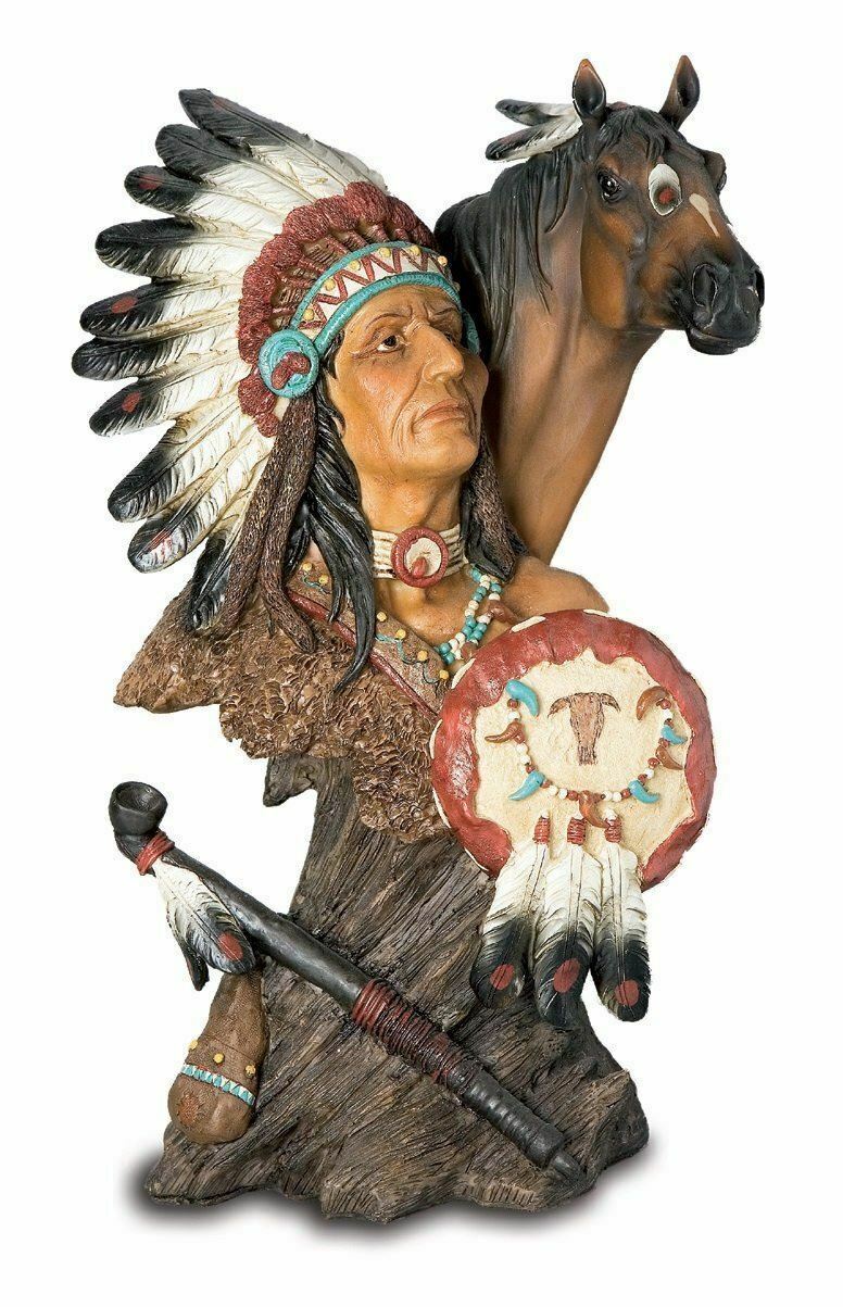 Realistic Effect Native American Indian and Horse Bust Statue Sculpture