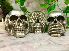 Load image into Gallery viewer, Set of Three Silver Wise Skulls Gothic Decor Hear See Speak No Evil Figures-OsirisTradingUK
