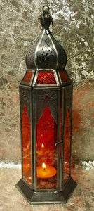 Moroccan Style Lantern Brass Antique Red Glass Tea Light Candle Holder