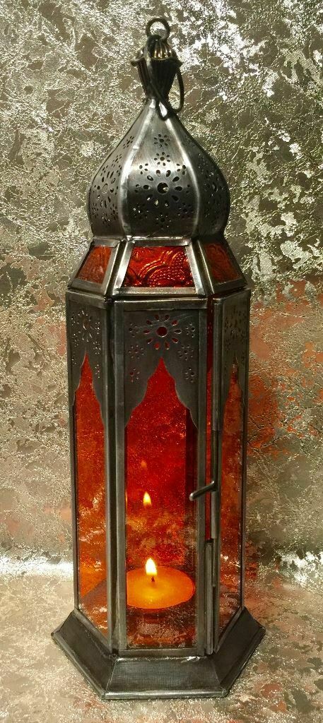 Moroccan Style Lantern Brass Antique Red Glass Tea Light Candle Holder