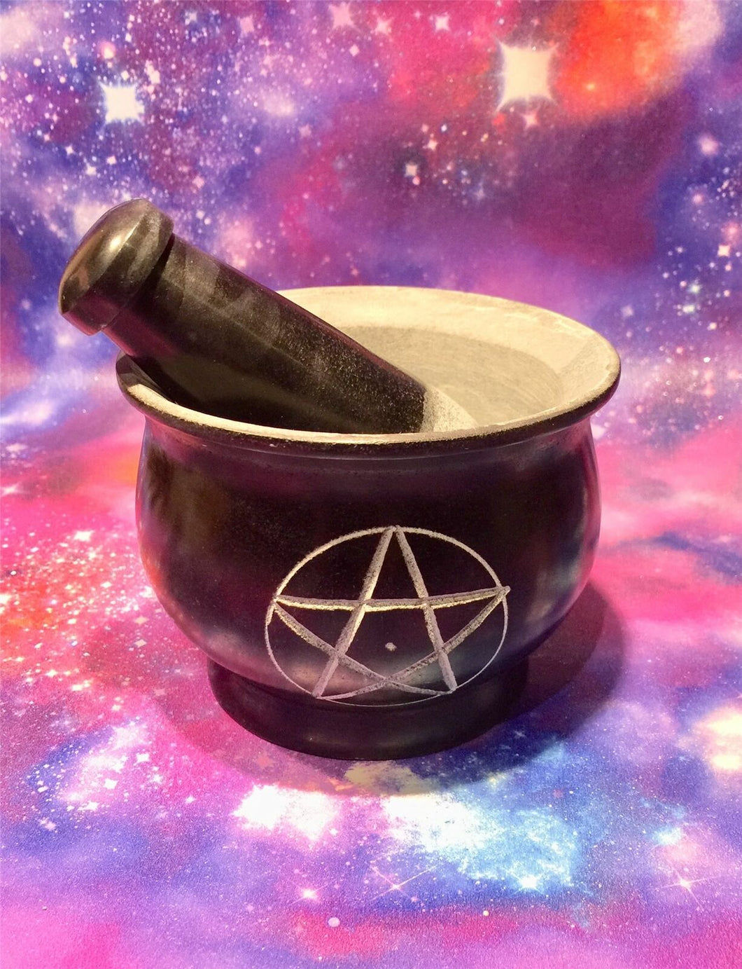 Pentagram Black Soap Stone Mortar and Pestle Wiccan Pagan Altar Pentacle Symbol