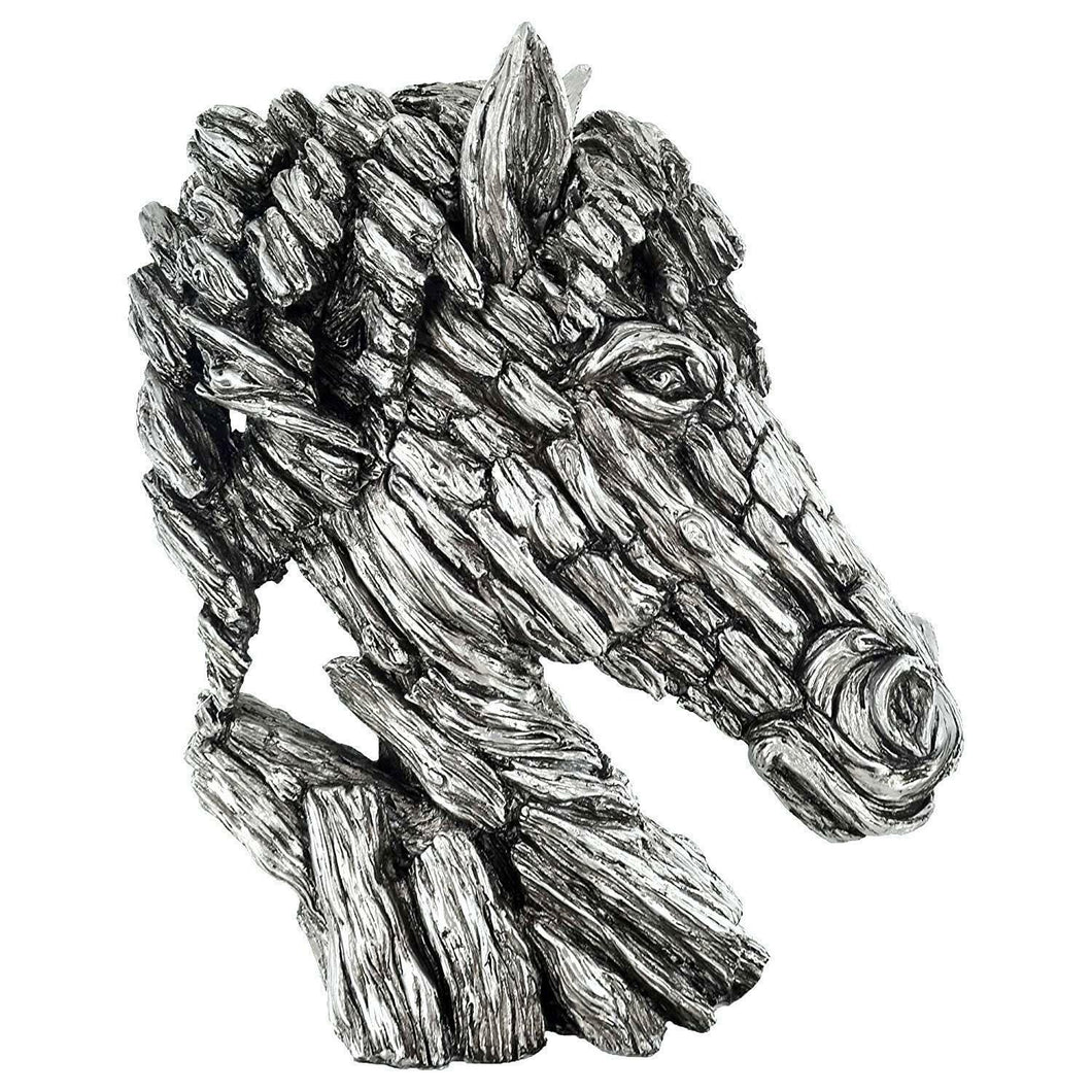 Silver Horse Head Sculpture Driftwood Effect Ornament Country House Decoration-OsirisTradingUK