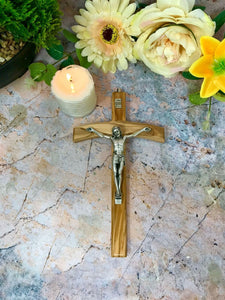 Olive Wood Crucifix Hanging Wall Cross Silver Metal Corpus Religious 20 cm-OsirisTradingUK