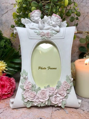 Novelty Cherubs Photo Frame Pink Roses-OsirisTradingUK
