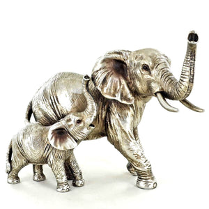 Antique Silver Mother & Baby Elephant Sculpture Ornament Figurine Home Decor