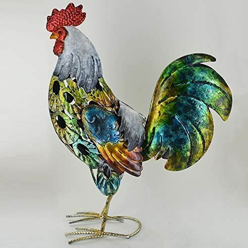 Metal Standing Rooster Sculpture Cockerel Ornament Garden Chicken Decoration