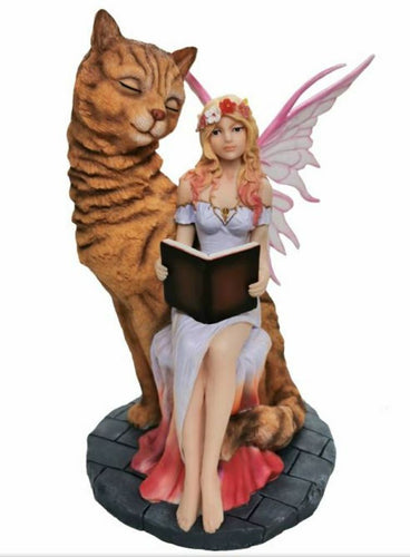 Fairy Reading with Cat Companion Sculpture Figurine Fantasy Fairies Statue Gift-OsirisTradingUK