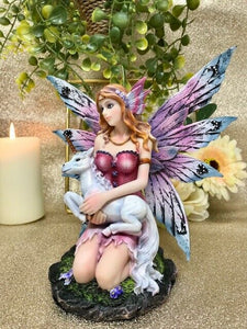 Fairy Resting with Unicorn Figurine Fantasy Fairies Figure Mythical Sculpture-OsirisTradingUK