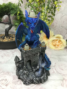 Blue Dragon Guarding Castle Statue Cone Burner Fantasy Art Dragons Collection