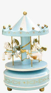 Wind up Musical Horses Carousel Music Box Merry-Go-Round Blue