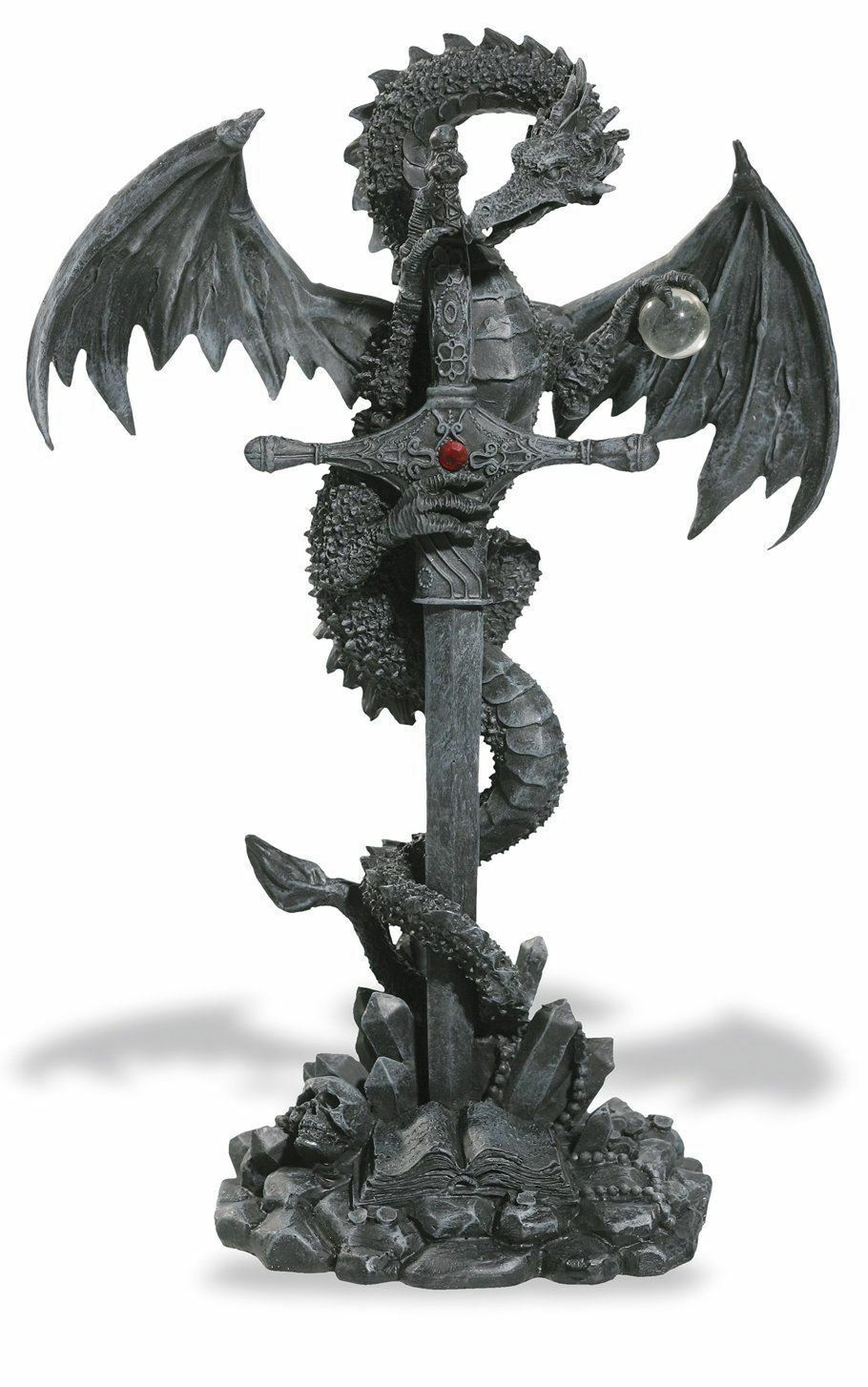 Stone Effect Dragon Guardian Wrapped Around Mystic Sword Figurine Fantasy Art