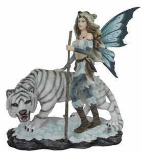 Grande statue de fée et de compagnon tigre blanc, créatures mythiques, cadeau