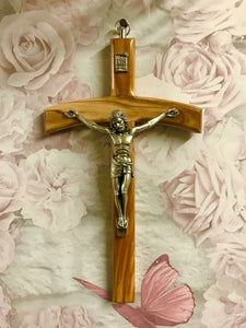 Olive Wood Crucifix Hanging Wall Cross Silver Metal Corpus Religious 20 cm-OsirisTradingUK