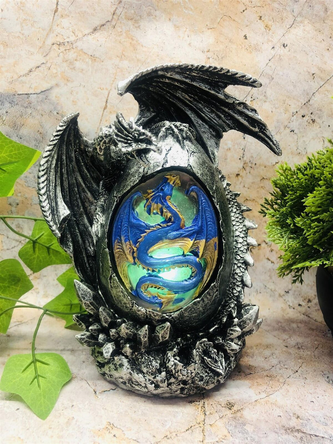 Dragon Guarding Egg LED Light Fantasy Sculpture Mythical Statue Ornament Gothic-OsirisTradingUK