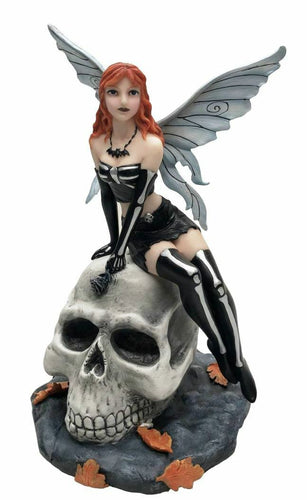 Dark Gothic Fairy Resting on Skull Figurine Fantasy Fairies Figure Statue Gift-OsirisTradingUK