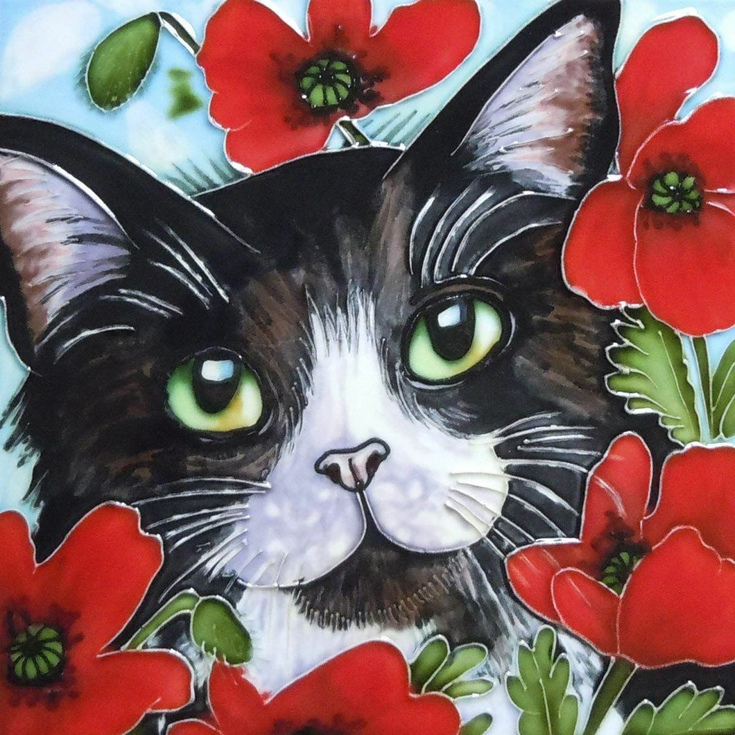 Peering Through Poppies Judith Yates 8 x 8 Decorative Ceramic Wall Art Tile Cat