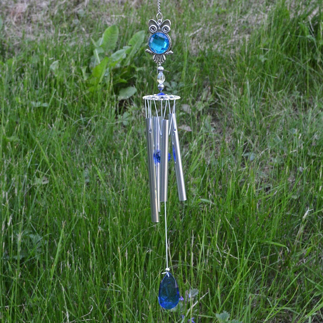Owl Wind Chime with Gem Hanging Decor Metal Suncatcher Garden Decoration Gift
