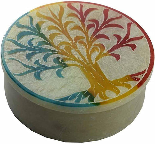 Soapstone Multicoloured Tree of Life Round Box Altar Decoration Home Ornament-OsirisTradingUK