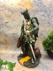 Templar Knight with Dragon Figurine Crusader Statue Ornament Fantasy Sculpture-OsirisTradingUK