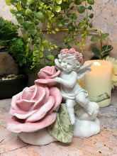Load image into Gallery viewer, Guardian Angel Resting on Rose Figurine Cherub with Flower Statue Ornament

