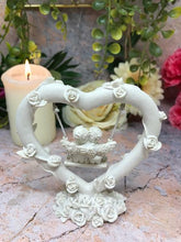 Load image into Gallery viewer, Pretty Pair of Angel Cherubs Sitting On Swing inside Rose Covered Heart Ornament
