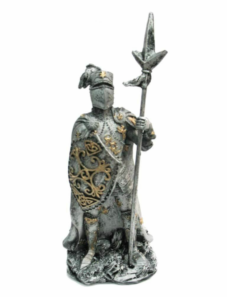 Pewter Effect Medieval Knight Standing with Spear Figurine Ornament