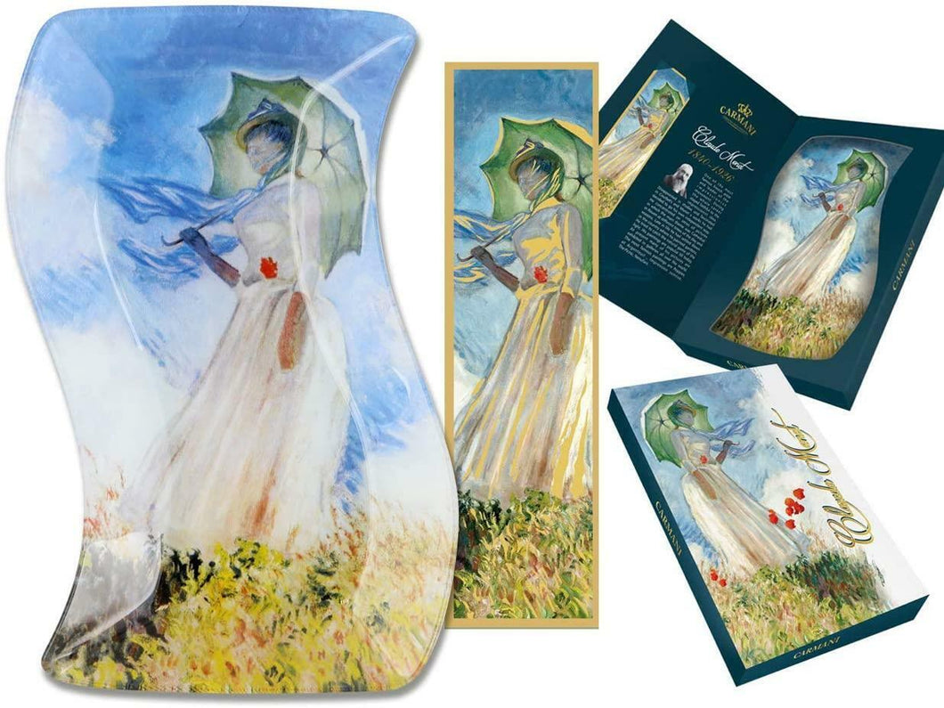 CARMANI Decorative Wavy Rectangle Glass Plate Woman with Parasol Monet-OsirisTradingUK