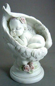 Large Figurine Beautiful Baby Girl Angel Cherub Resting in Wings Pink Roses