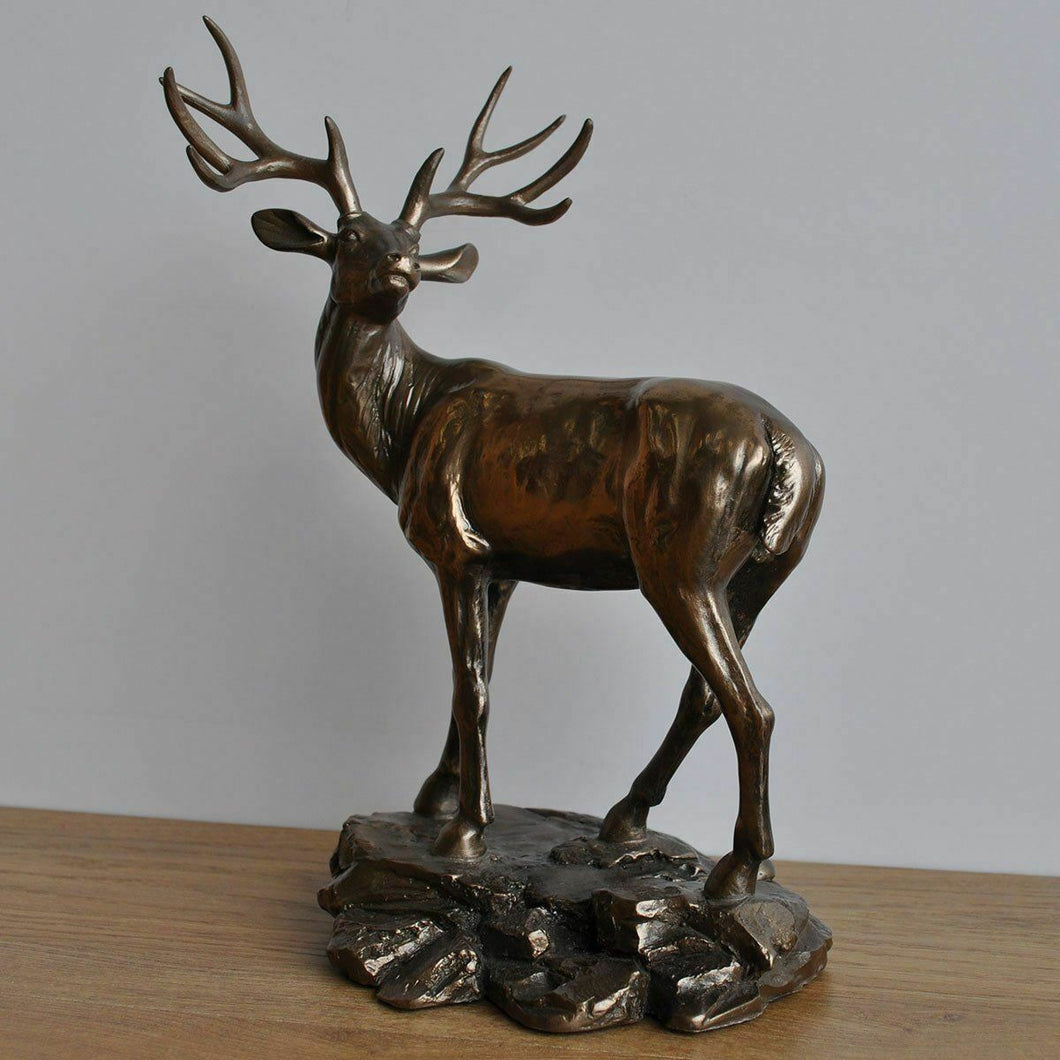 Standing Deer Bronze Sculpture Stag Gift Sculpture Figure Ornament 28 cm