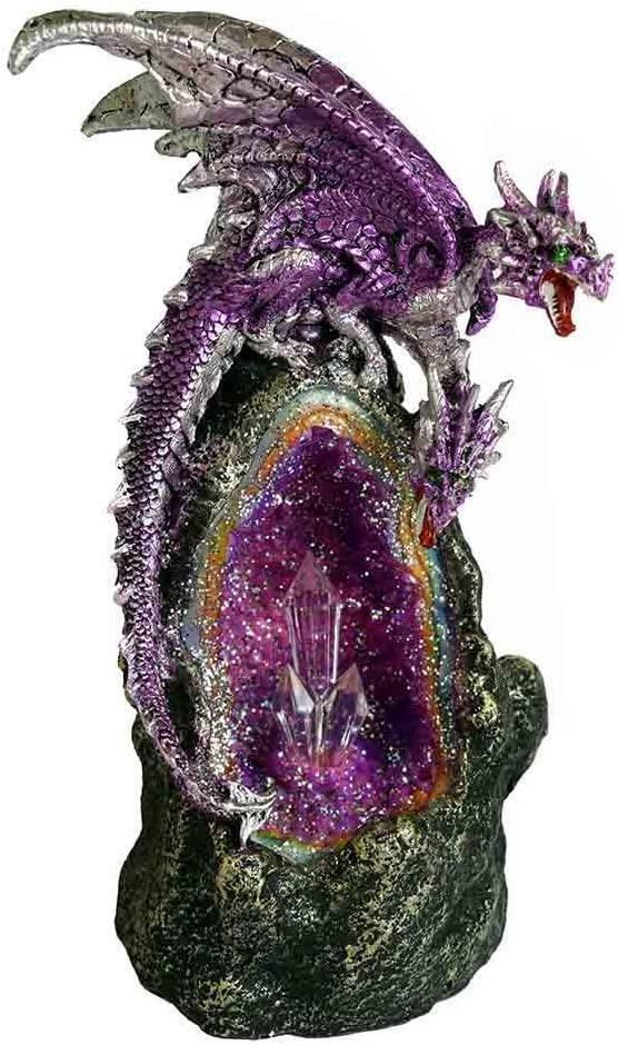 Purple Dragon Guarding Crystal Cave LED Light Fantasy Sculpture Mythical Statue