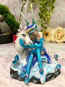 Sitting Blue Winter Fairy with Unicorn Display Figurine Statue Ornament-OsirisTradingUK