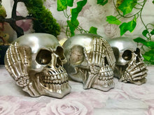 Load image into Gallery viewer, Set of Three Silver Wise Skulls Gothic Decor Hear See Speak No Evil Figures-OsirisTradingUK
