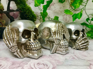 Set of Three Silver Wise Skulls Gothic Decor Hear See Speak No Evil Figures-OsirisTradingUK