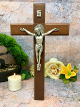 Load image into Gallery viewer, Wooden Crucifix Hanging Cross Brass Corpus Christi Jesus Christ Religious 28cm-OsirisTradingUK
