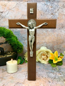 Wooden Crucifix Hanging Cross Brass Corpus Christi Jesus Christ Religious 28cm-OsirisTradingUK