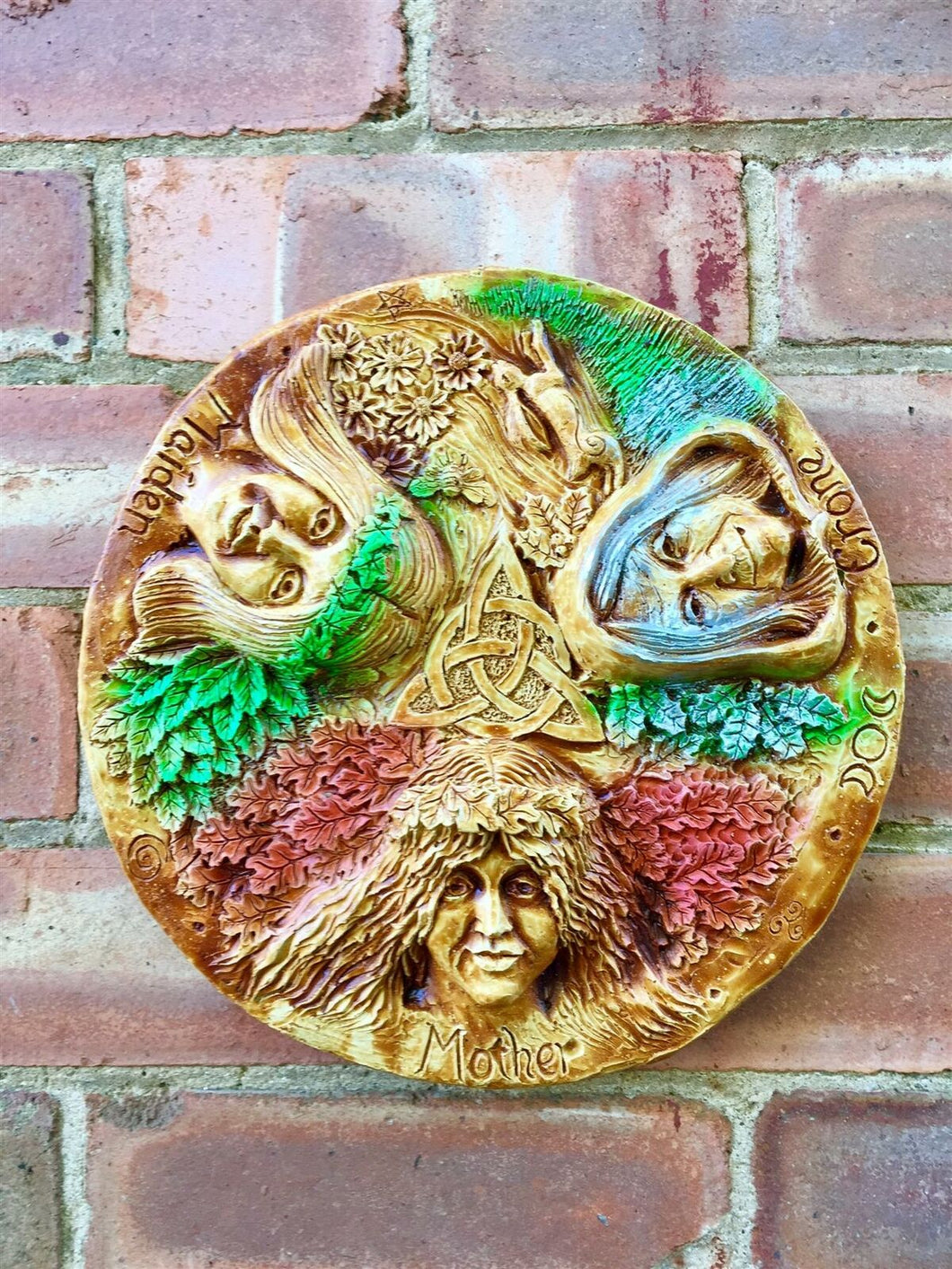 Pagan Wheel of the Year Triple Moon Goddess Wall Plaque Wiccan Altar Sculpture